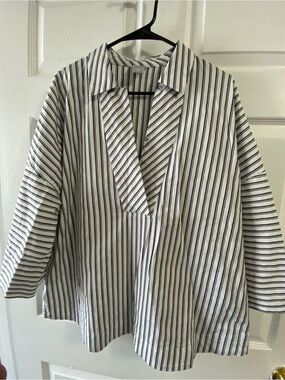 Chico's White and Black Vertical Stripe Popover Jacket